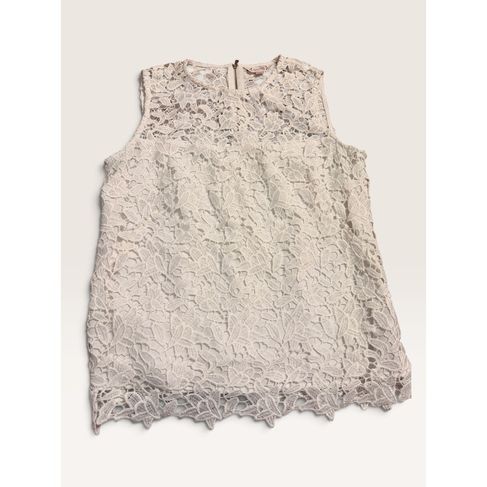 Nanette Lepore Women M Ivory Floral Lace Sleeveless Blouse Scallop Hem Romantic
